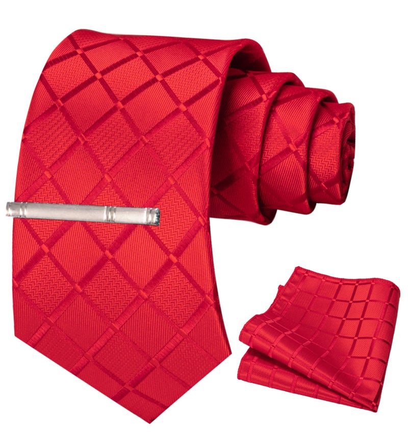JEMYGINS Plaid Red Tie and Pocket Square Hankerchief Mens Silk Necktie with Tie Clip Sets(7) - Image 2